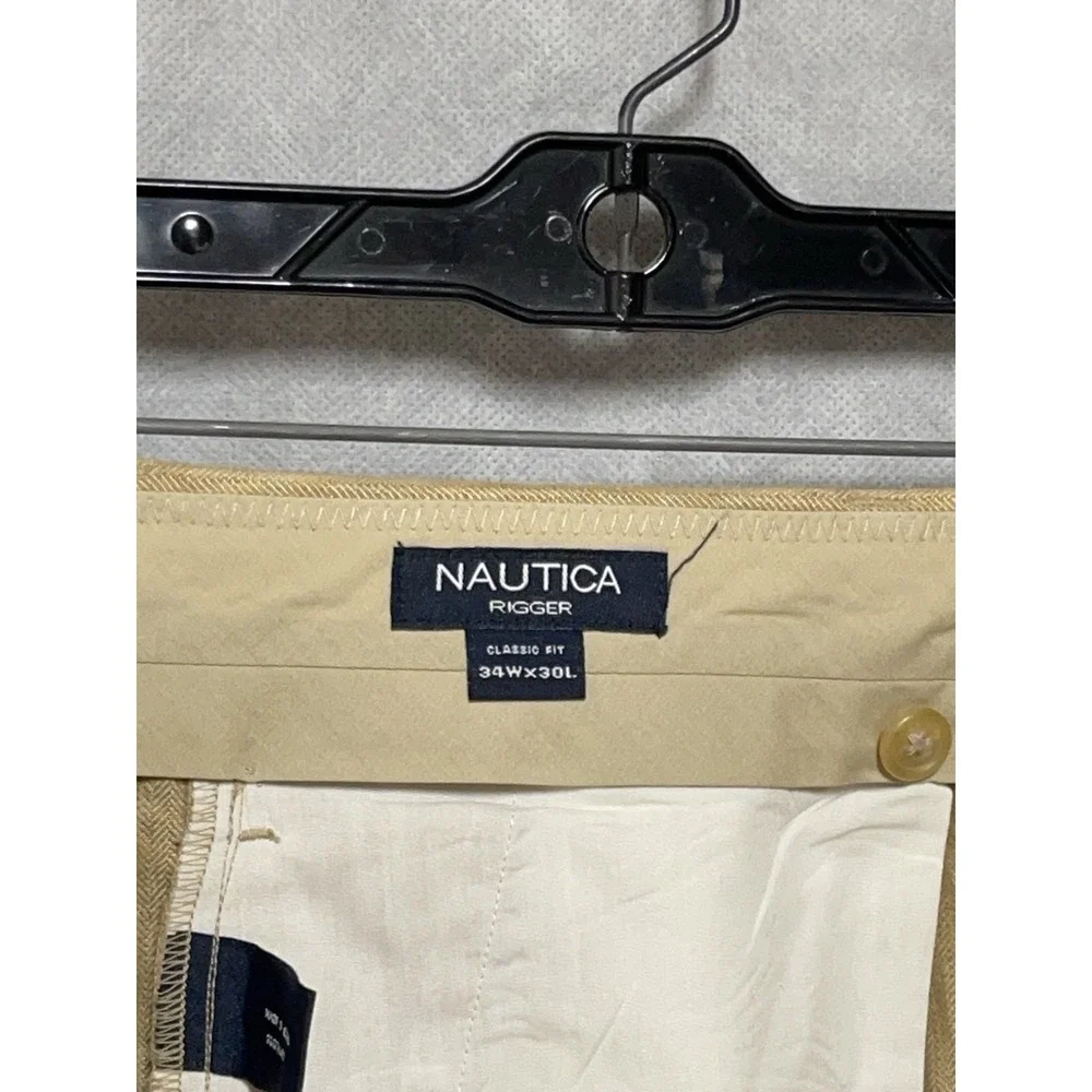 Nautica Pants Men 34X30 Beige Herringbone Rigger Straight Linen Coastal Academia